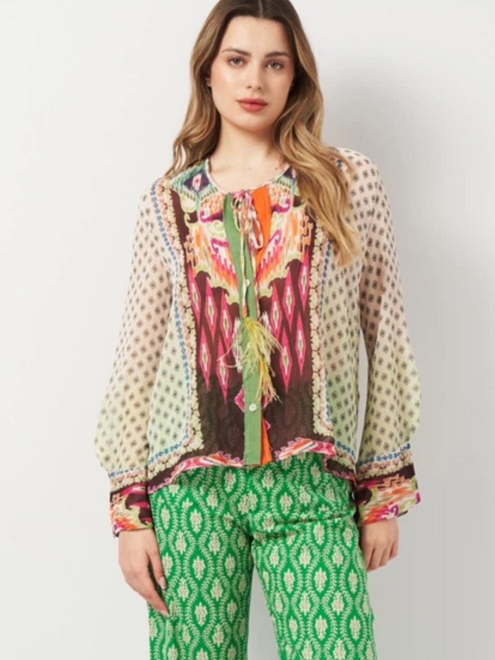 Zara Multicolor Tie-Neck Printed Blouse